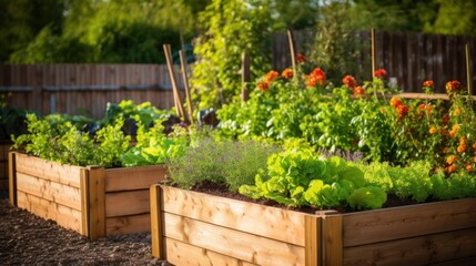 Organic vegetable garden with beds of herbs and vegetables in a sunny day