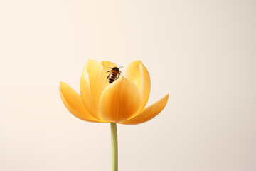 Close-up of a honeybee on a delicate yellow tulip against a white backdrop. Minimalistic and simple composition. Beauty of flowers and insect. Design for spring posters, banner with free space for tex