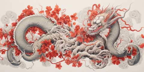 Illustration of a Chinese dragon in colors on a white background. Traditional oriental style. The image radiates power, wisdom and spiritual energy characteristic of Asian culture and symbolism - obrazy, fototapety, plakaty