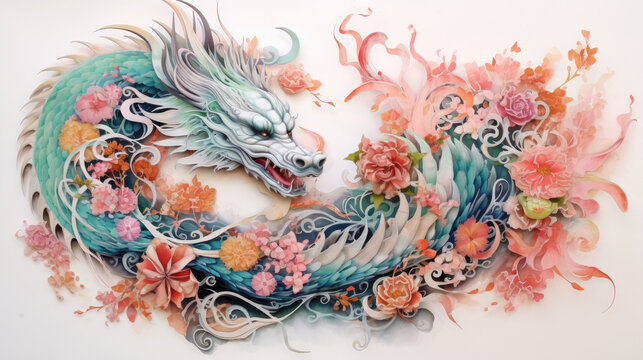 Illustration of a Chinese dragon in colors on a white background. Traditional oriental style. The image radiates power, wisdom and spiritual energy characteristic of Asian culture and symbolism