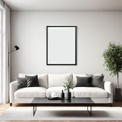 Fototapeta na wymiar Mock Up Blank Poster in Living Room White Couch Black Table