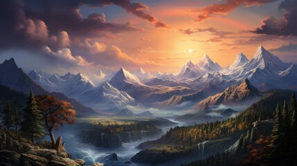 Fantasy landscape with mountains and forest at sunset