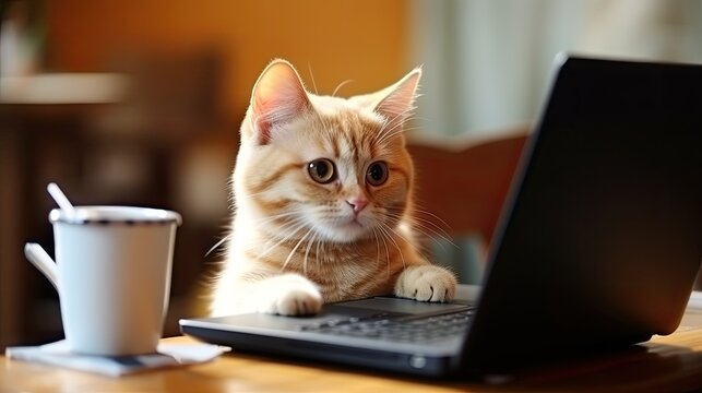 Cat playing on laptop computer or notebook with mobile phone or tablet and cup of coffee take home, its on wooden table and look like its working at laptop computer ,this image is lifestyle concept.

