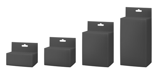 Set of black paper packaging boxes with hanging hole. Blank product package mockup.