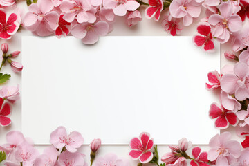 Fototapeta na wymiar Pink geranium flowers framing a white rectangle
