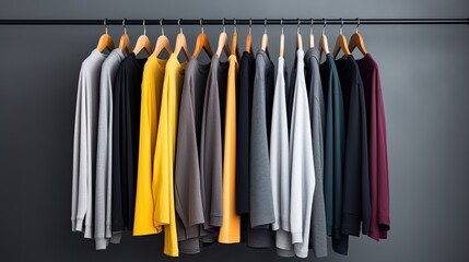Close-up of clothes hanging on gray background.

