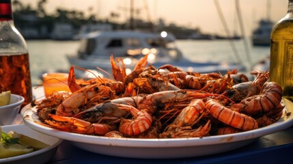 Close-up of prawn and lobster dishes on boat in Islas del Rosario, Cartagena, Colombia.

 - obrazy, fototapety, plakaty