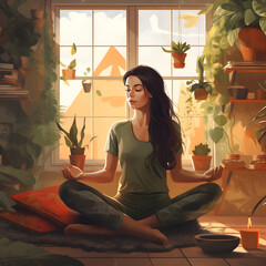 Artistic depiction of a woman engaging in meditation and yoga, finding serenity and peace in the calm and cozy atmosphere of her home. Embracing tranquility, cultivating a peaceful mind, and promoting