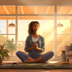 Artistic depiction of a woman engaging in meditation and yoga, finding serenity and peace in the calm and cozy atmosphere of her home. Embracing tranquility, cultivating a peaceful mind, and promoting