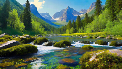 Fototapeta na wymiar Thick evergreen cover, a gentle river, mossy rocks, and distant mountain peaks shape a peaceful and natural vista.