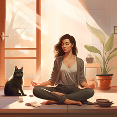 Artistic depiction of a woman engaging in meditation and yoga, finding serenity and peace in the calm and cozy atmosphere of her home. Embracing tranquility, cultivating a peaceful mind, and promoting