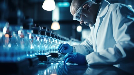 Scientist working in laboratory. Confident young man in lab coat and gloves working with test tubes