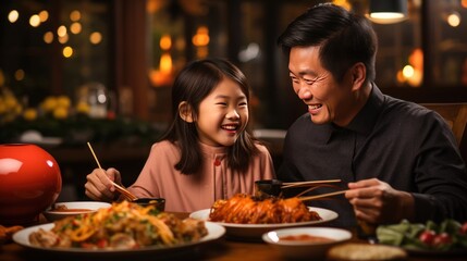 Obraz na płótnie Canvas Asian family eating food together in a restaurant. asian family