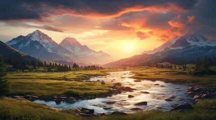 Fototapeta na wymiar Beautiful mountain landscape with river and snow-capped peaks at sunset
