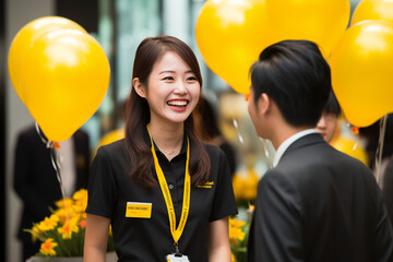 Young Asian female employee receiving recognition award from senior colleague. Proud employee in office celebration ceremony, achievement and success concept