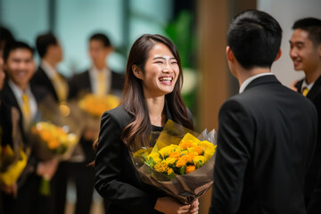 Young Asian female employee receiving recognition award from senior colleague. Proud employee in office celebration ceremony, achievement and success concept