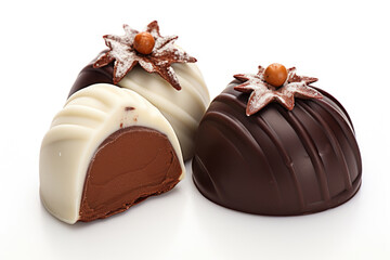 Christmas chocolate marzipans on white background