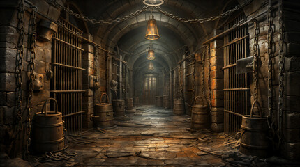 Underground old medieval dungeon jail cells, fantasy aventure tabletop role play game setting, dark and creepy rp table top background, hd