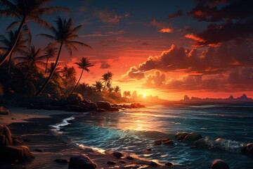 Tropical beach at sunset with palm trees