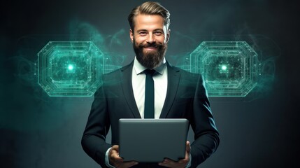 Businessman with laptop and future technology concept on a dark background