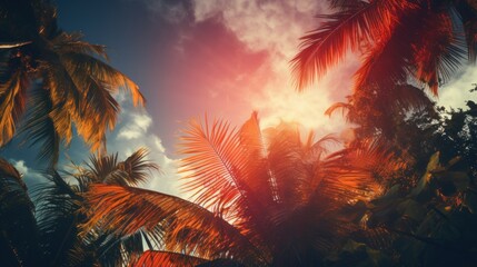 Tropical palm trees on blue sky background