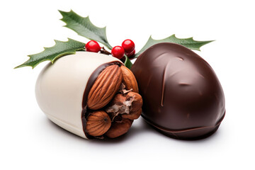 Christmas chocolate marzipans on white background