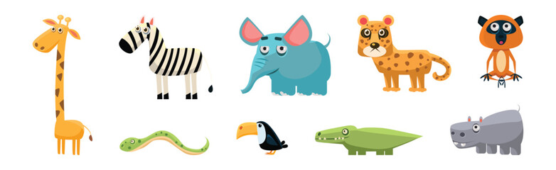 Funny African Animals and Zoo Fauna Vector Set
