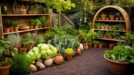Vegetables in pots on the garden bed. Gardening concept - obrazy, fototapety, plakaty