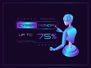 Cyber Monday. Sale banner template for business promotion, with 75 Discount Offer. Realistic vector illustration of a technological robot. Artificial intelligence. Neon effect on dark background.