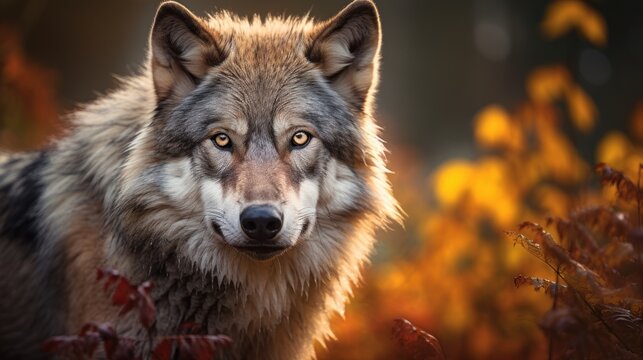 Wolf in the autumn forest. Beautiful portrait of a wolf
