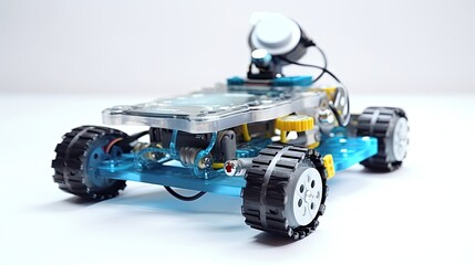 Hand made robot working on the arduino platform. White background. Free space for text. STEM education for children and teenagers, robotics and electronics. DIY. AI. STEAM.

