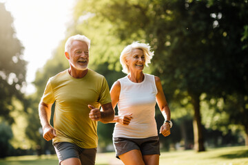 Fototapeta premium Elderly couple jogging in a park: Celebrating health and fitness in later life