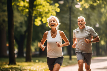 Elderly couple jogging in a park: Celebrating health and fitness in later life - obrazy, fototapety, plakaty