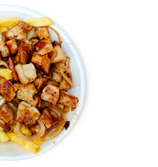 Partial view of Loin portion and onion. 