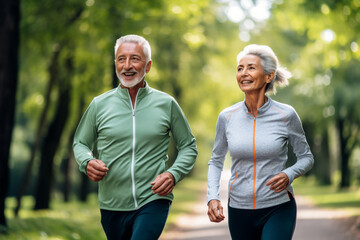 Naklejka premium Elderly old couple jogging in a park: Celebrating health and fitness in later life