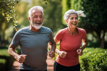 Elderly old couple jogging in a park: Celebrating health and fitness in later life