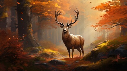 Digital painting of a red deer stag in a forest during the fall season