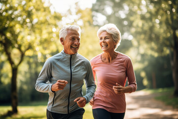 Fototapeta premium Elderly couple jogging in a park: Celebrating health and fitness in later life