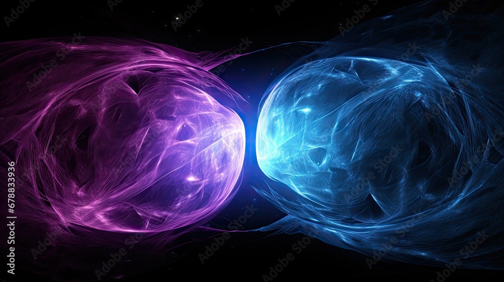 Canvas Prints Image of tho different texture hemispheres made out of glowing blue turbulent swirl connections on the rights side and dark purple plastic on the left side separated and making impact to each other on