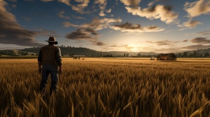 Farmer in wheat field at sunset