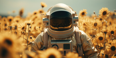 Astronaut im Blumenfeld