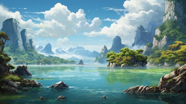 Fantasy landscape with lake and mountains