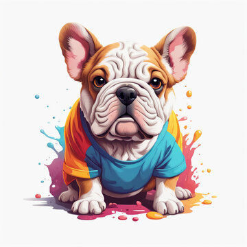 t-shirt graphic design art, flat illustration of a cute bulldog frances, colorful tones, highly detailed cleaning, vector image, photorealistic masterpiece, professional photography, plain white backg