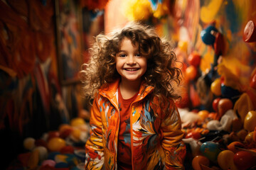 Obraz premium Cheerful young girl with curly hair smiling brightly amidst a colorful backdrop of balloons, radiating joy and childhood excitement.