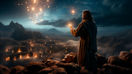 a man who looks like a prophet holds fire in his hand against the backdrop of a night city - obrazy, fototapety, plakaty