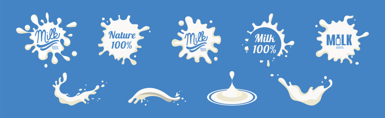 White Milk Splash on Blue Background with Text Vector Set - obrazy, fototapety, plakaty