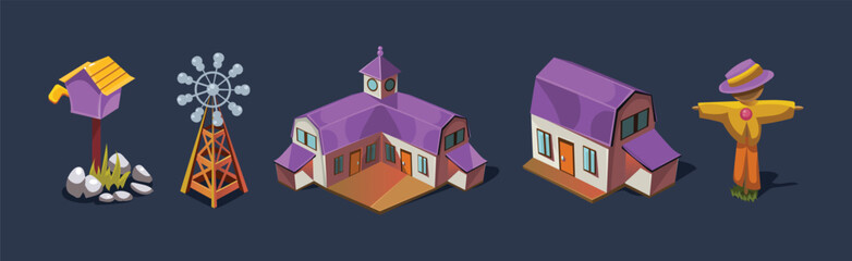 Post Box, Windmill, House and Scarecrow Game Isometric Element Vector Set