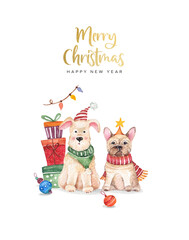 Christmas watercolour greeting card with watercolor illustrations of dogs and presents on the white background. Hand drawing illustrations. Merry Christmas and Happy New Year card.