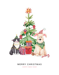 Christmas watercolour greeting card with watercolor illustrations of dog, cat and presents, Christmas tree on the white background. Hand drawing illustrations. Merry Christmas and Happy New Year card.