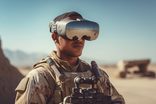 A military soldier wearing FPV goggles controls a drone to reconnoiter enemy positions. Military concept.
